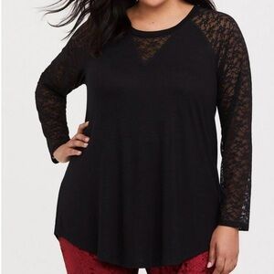 torrid Black Lace Raglan Tee Crew neck Long Raglan Sleeves Sheer lace Plus 4X